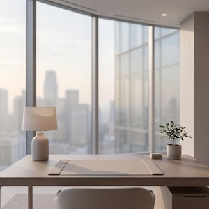 Spazio di lavoro con vista tranquilla sulla città: uno sfondo minimalista per Zoom con luce soffusa e serenità dello skyline.