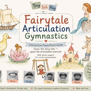 Op de afbeelding: Een kleurrijk educatief spel genaamd "Fairytale Articulation Gymnastics" met illustraties van een zeilboot, eend, zeemeermin, kat en kasteel. Het spel bevat oefeningen voor spraakontwikkeling, met fotondersteuning voor de juiste uitspraak.