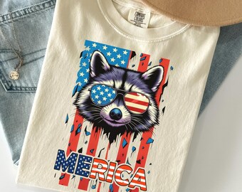 Comfort Colors® America Raccoon Shirt, Kids 4th of July Raccoon Shirt, Patriotic American Flag Tee, Women's Retro USA Animal T-Shirt