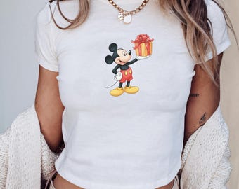 Cute Mouse Gift Baby Tee, Cartoon Character Graphic Tee, Aesthetic Fitted Tee for Women, Birthday Gift Shirt, Minimal Cute Tee