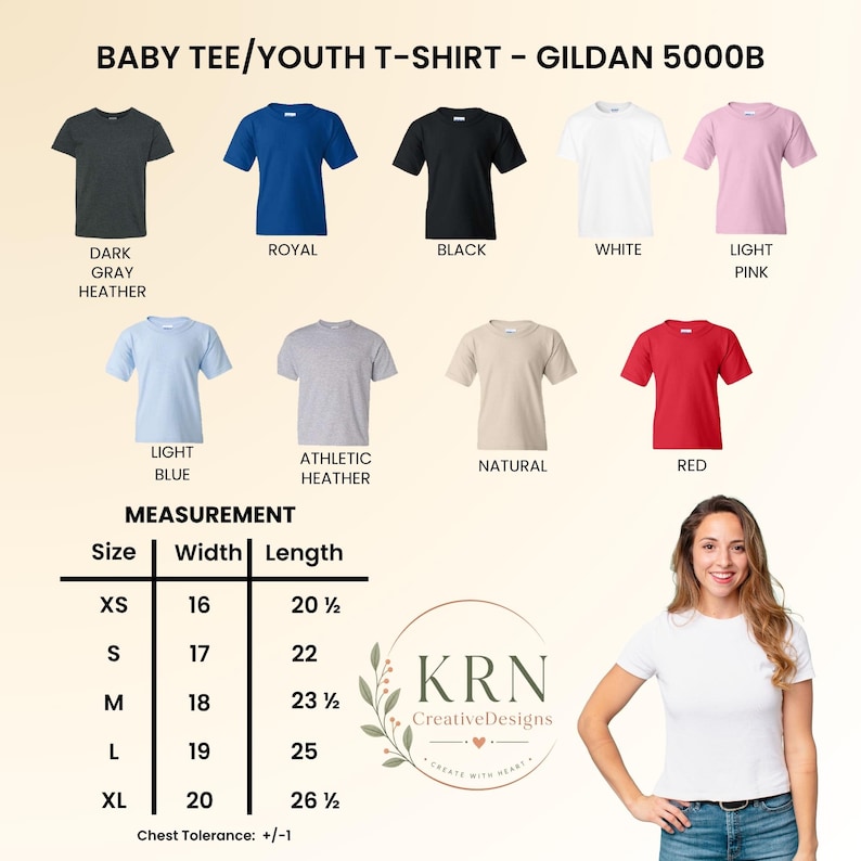 Puede incluir: Una carta de colores de camisetas juveniles Gildan 5000B con nueve colores s&oacute;lidos: gris oscuro jaspeado, azul real, negro, blanco, rosa claro, azul claro, gris deportivo jaspeado, natural y rojo. Incluye una tabla de tallas con ancho y largo en pulgadas.