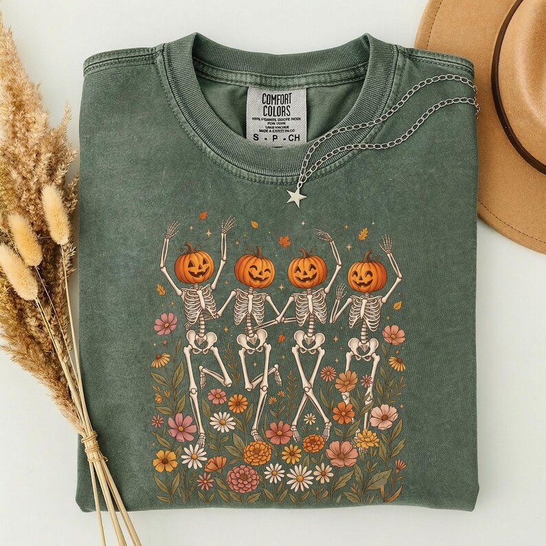 Pumpaskelettskjorta, Halloweenskelettskjorta, dansande skelett-t-shirt, läskig säsongskjorta, söt pumpahuvudskjorta, höstblommig Halloween-t-shirt bild 3