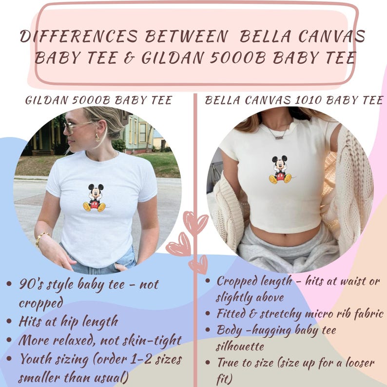 May include: Image comparing two white baby tees: Gildan 5000B and Bella Canvas 1010. The Gildan tee is a 90's style, hip-length, relaxed fit. The Bella Canvas is cropped, fitted, and body-hugging. Both tees have a Mickey Mouse graphic.