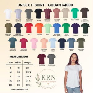 May include: A Gildan 64000 unisex t-shirt color chart displaying thirty-two different shirt colors with labels, including white, heather, red, blue, green, and black. A measurement table lists widths and lengths in inches for sizes S to 2XL.