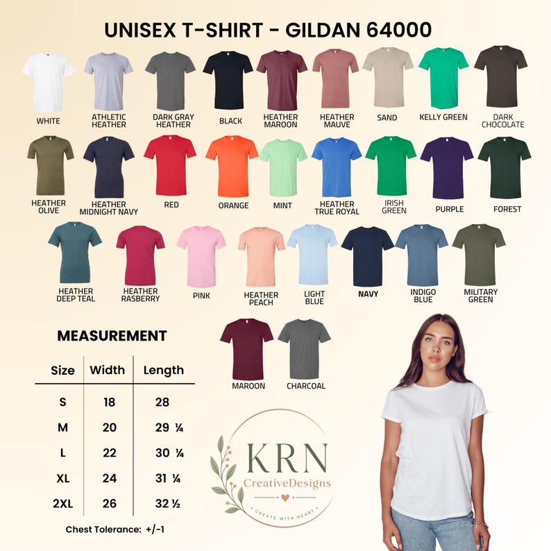 May include: A Gildan 64000 unisex t-shirt color chart displaying thirty-two different shirt colors with labels, including white, heather, red, blue, green, and black. A measurement table lists widths and lengths in inches for sizes S to 2XL.