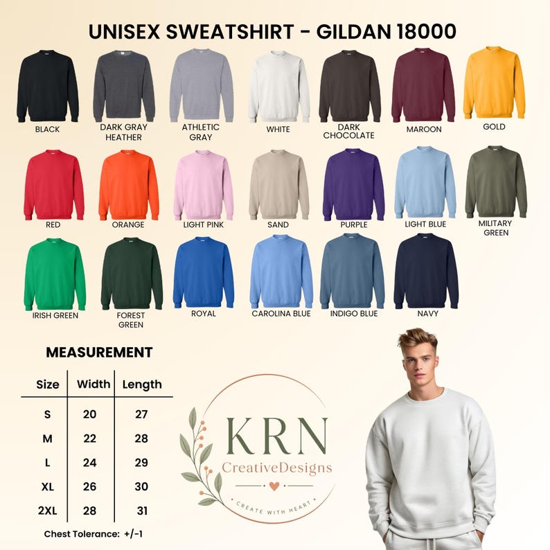 May include: A Gildan 18000 unisex sweatshirt color chart displaying twenty-one solid color options including black, gray, white, red, orange, pink, blue, green, and purple. A size chart lists widths and lengths in inches for sizes S to 2XL.