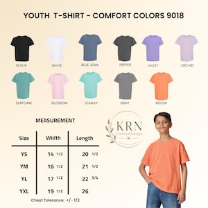 May include: A youth t-shirt in melon, with a variety of colors displayed, including black, white, blue jean, pepper, violet, orchid, seafoam, blossom, chalky, and gray. Measurements are provided in inches for sizes YS, YM, YL, and YXL.
