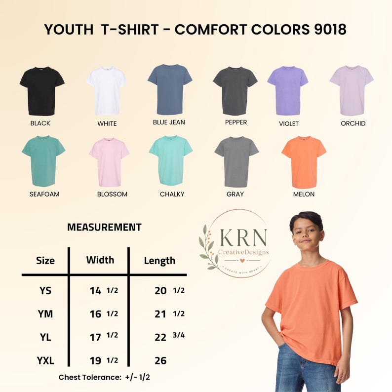 May include: A youth t-shirt in melon, with a variety of colors displayed, including black, white, blue jean, pepper, violet, orchid, seafoam, blossom, chalky, and gray. Measurements are provided in inches for sizes YS, YM, YL, and YXL.
