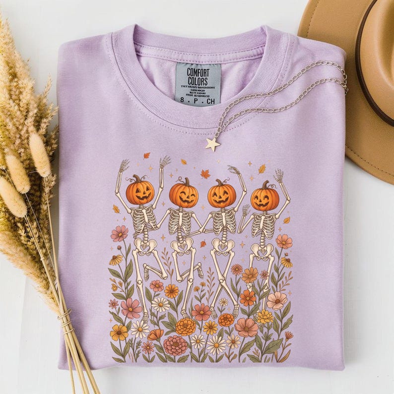 Pumpaskelettskjorta, Halloweenskelettskjorta, dansande skelett-t-shirt, läskig säsongskjorta, söt pumpahuvudskjorta, höstblommig Halloween-t-shirt bild 9