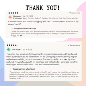May include: A digital graphic displaying two five-star customer reviews with the text THANK YOU! at the top. The reviews include user names, dates, purchased item details, and written feedback, followed by written responses from the shop owner Ufuk Akg&uuml;l.