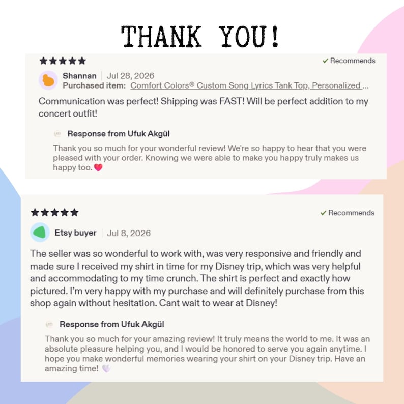 May include: A digital graphic displaying two five-star customer reviews with the text THANK YOU! at the top. The reviews include user names, dates, purchased item details, and written feedback, followed by written responses from the shop owner Ufuk Akg&uuml;l.