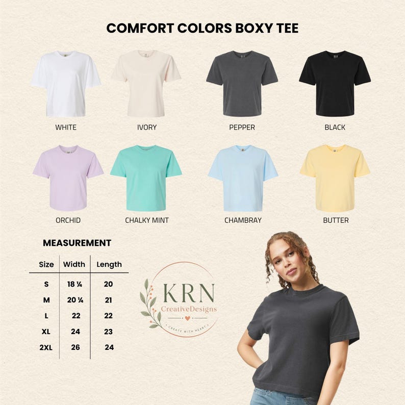 K&ouml;nnte beinhalten: Verschiedene Comfort Colors Boxy T-Shirts in Wei&szlig;, Elfenbein, Pfeffer, Schwarz, Orchidee, Mint, Chambray und Butter. Gr&ouml;&szlig;en S-2XL, mit Breiten von 46 bis 66 cm und L&auml;ngen von 51 bis 61 cm. Der Text "Comfort Colors Boxy Tee" ist ebenfalls enthalten.