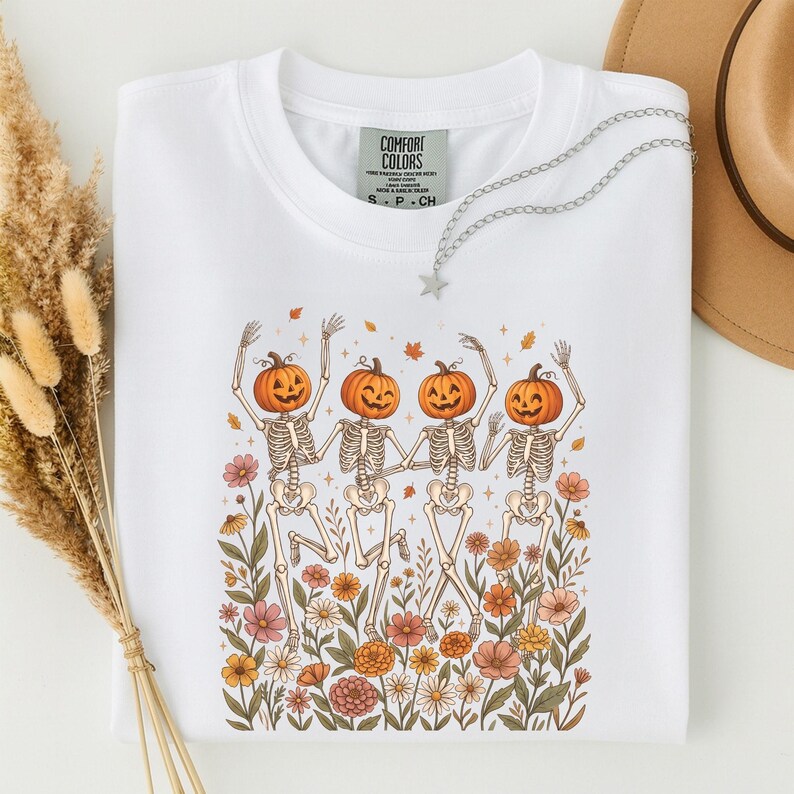 Pumpaskelettskjorta, Halloweenskelettskjorta, dansande skelett-t-shirt, läskig säsongskjorta, söt pumpahuvudskjorta, höstblommig Halloween-t-shirt bild 8