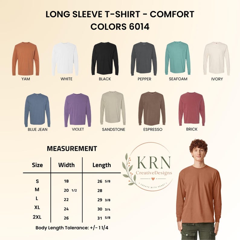 May include: A product image showcasing a variety of long-sleeve t-shirts in various colors, including white, black, and blue. The image also includes a size chart with measurements in inches and the text "LONG SLEEVE T-SHIRT - COMFORT COLORS 6014".
