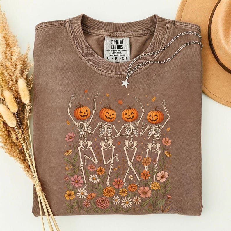 Pumpaskelettskjorta, Halloweenskelettskjorta, dansande skelett-t-shirt, läskig säsongskjorta, söt pumpahuvudskjorta, höstblommig Halloween-t-shirt bild 5