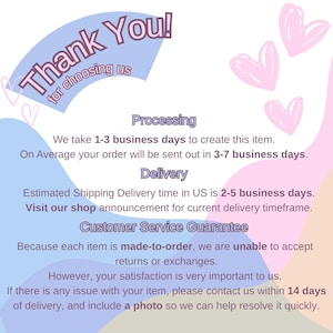 May include: A graphic with the words "Thank You!" and "for choosing us" in a whimsical font. The image includes hearts and text about processing, delivery, and customer service.