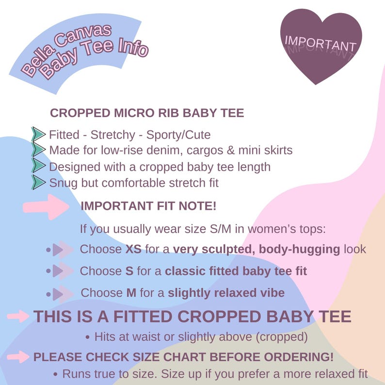 May include: A graphic with text detailing a cropped micro rib baby tee. The text describes the fit, fabric, and sizing advice. The design includes a light blue circular banner and a purple heart-shaped element.