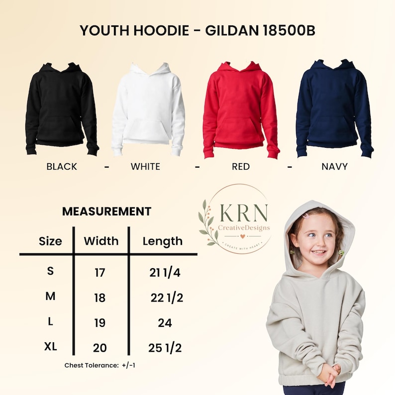 May include: A Gildan 18500B youth hoodie shown in black, white, red, and navy. A measurement chart lists sizes S through XL with widths from 17 to 20 inches and lengths from 21 1/4 to 25 1/2 inches. A light gray hoodie is also displayed.