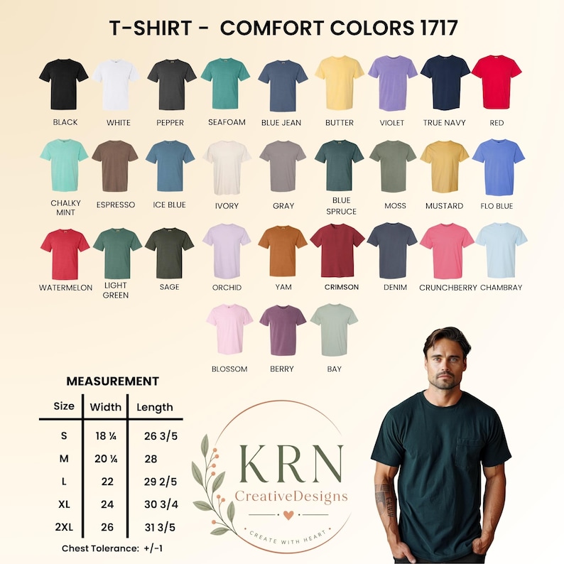 May include: A product image showcasing a variety of Comfort Colors 1717 T-shirts in various colors, including black, white, and red. The image also displays a size chart with measurements in inches, and the KRN Creative Designs logo.