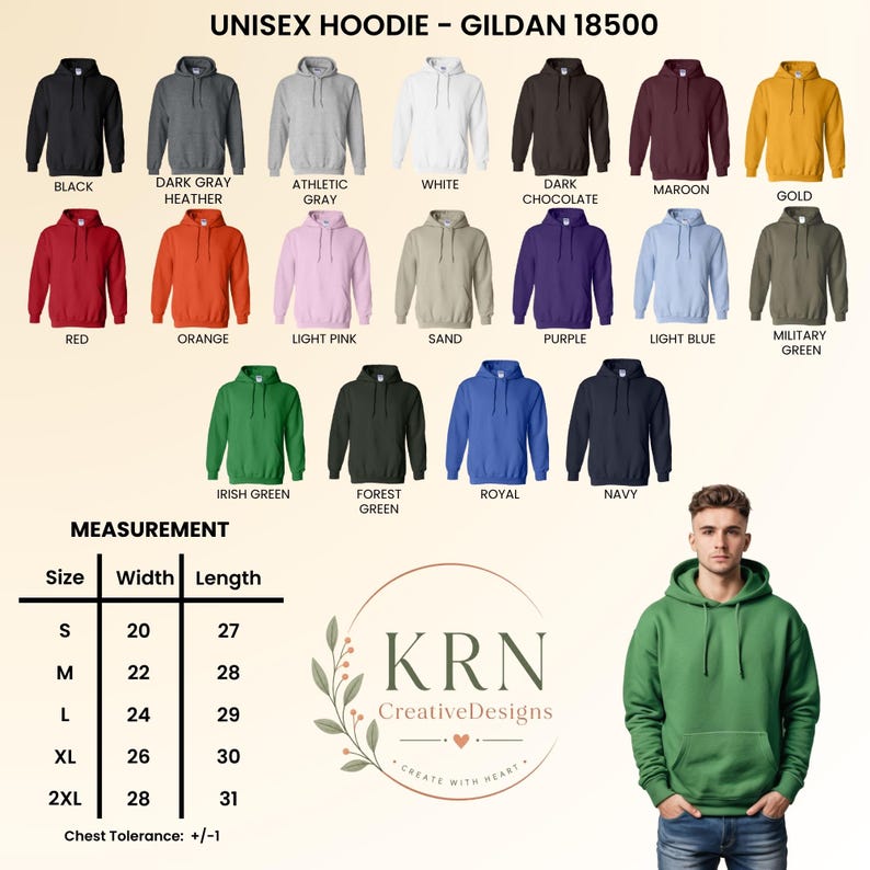 May include: A Gildan 18500 unisex hoodie color chart displaying 17 variations including black, gray, white, red, orange, pink, sand, purple, blue, and green. A measurement table lists sizes S to 2XL with width and length in inches. A green hoodie is shown.