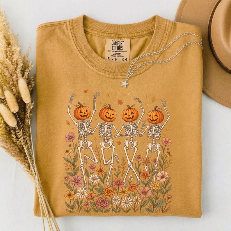 Pumpaskelettskjorta, Halloweenskelettskjorta, dansande skelett-t-shirt, läskig säsongskjorta, söt pumpahuvudskjorta, höstblommig Halloween-t-shirt bild 6