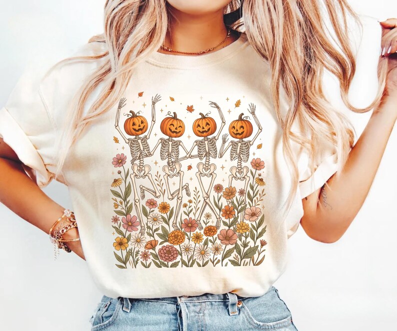 Pumpaskelettskjorta, Halloweenskelettskjorta, dansande skelett-t-shirt, läskig säsongskjorta, söt pumpahuvudskjorta, höstblommig Halloween-t-shirt bild 12