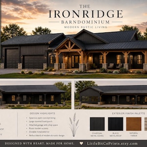 Peut inclure: Une impression architecturale numérique intitulée The Ironridge Barndominium présentant une maison au revêtement métallique noir avec des accents en bois, un porche couvert et un garage double. Inclut des caractéristiques et une palette de finitions.
