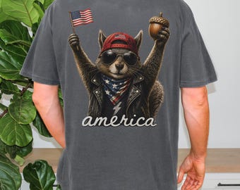 Patriotic Squirrel Shirt, Comfort Colors 1717, USA Flag Back Print Shirt, Funny Graphic tshirt