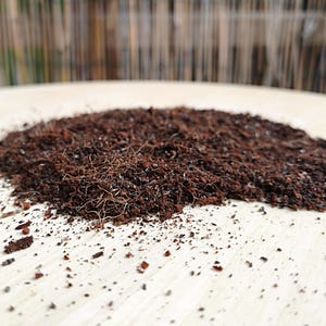Può includere: Un cumulo di terriccio fibroso marrone scuro con materia organica visibile e piccoli frammenti di legno. La consistenza è sciolta e granulosa, caratterizzata da un mix di particelle fini e sottili fibre radicali filiformi sulla superficie.