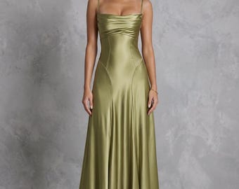 Olive Green Satin Prom Dress with Strappy Backless Design, Sage Green Cowl Neck Formal Gown, Silk Satin Wedding Guest Maxi Dress, Elegant