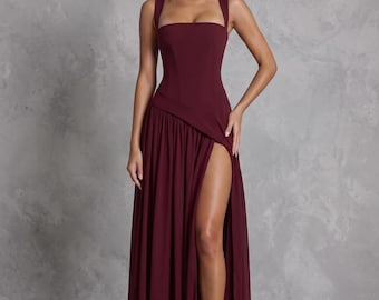 Burgundy High Slit Formal Dress with Matching Scarf, Choker Neck Asymmetrical Evening Gown, Wine Red Prom Dress, Elegant Wedding Guest Maxi