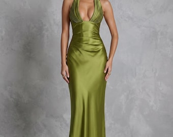 Vestido largo de satén verde oliva con cuello halter, vestido de fiesta de seda con espalda descubierta, vestido de invitada de boda sin espalda, elegante vestido de noche formal verde salvia