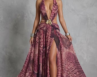 Y2K Leopard Print Maxi Dress | Jaded Style Cutout Festival Dress | Plunging Halter Neck Baddie Dress | 2000s Aesthetic High Slit Party Gown