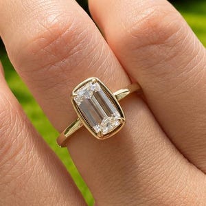 Emerald Cut Moissanite Bezel Setting Engagement Ring, Solitaire Diamond Anniversary Gift For Wife, Solid Yellow Gold Statement Jewelry