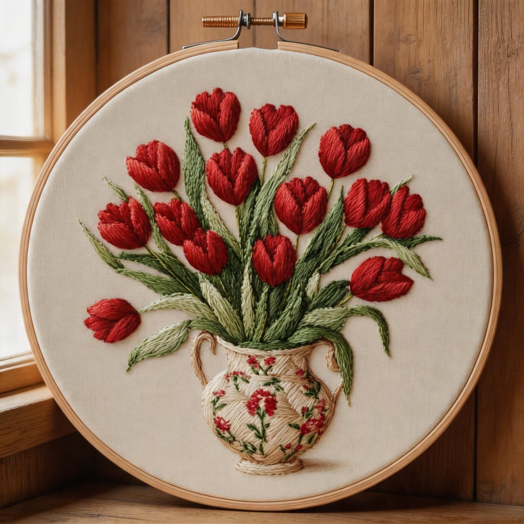 Red Rose Bouquet Embroidery Kit,handmade Floral Wall Decor, Flower ...