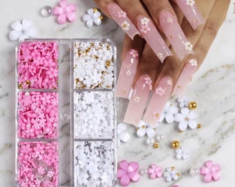 6-Grid 3D Flower Nail Charms - Pink and White Floral Art with Pearls and Rhinestones