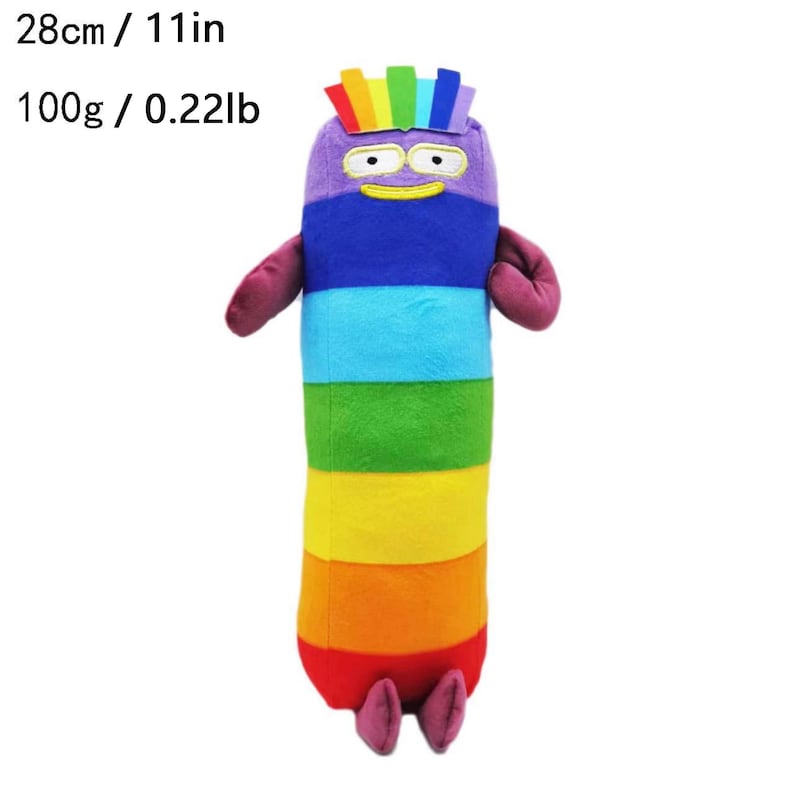 K&ouml;nnte beinhalten: Ein farbenfrohes Pl&uuml;schtier in Form eines l&auml;nglichen, rechteckigen Charakters. Das Spielzeug ist etwa 28 cm gro&szlig; und hat einen Regenbogen aus Farben, darunter Lila, Blau, Gr&uuml;n, Gelb, Orange und Rot. Es hat kleine Arme und F&uuml;&szlig;e.