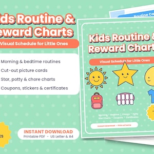 Puede incluir: Un conjunto digital de tablas de rutinas y recompensas para niños sobre un fondo verde menta con lunares blancos. El PDF imprimible incluye rutinas de mañana y noche, tarjetas ilustradas recortables, tablas de tareas, cupones y certificados.