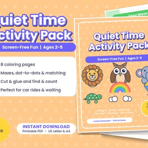 Puede incluir: Un paquete de actividades Quiet Time en PDF imprimible de 28 páginas con colorear, laberintos, unir puntos, emparejar, recortar y contar para edades de 2 a 5 años, mostrando un león, un búho, un elefante, una tortuga y un arcoíris.