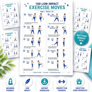 Puede incluir: Guía de ejercicios imprimible con 100 movimientos de bajo impacto. Incluye ilustraciones para ejercicios de tren inferior, superior y cuerpo completo. Apto para principiantes y entrenamientos en casa.