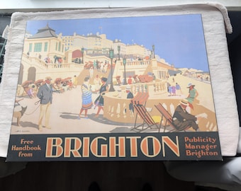 "Vintage Brighton Reise Holz Plakette Art Deco Stil der 1930er Jahre Wandkunst von H.G. Gawthorn, Große Retro 80er Jahre England Seaside Eisenbahn Dekor 26 "x 20"
