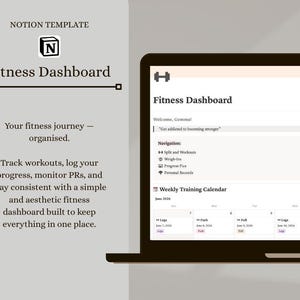 Könnte beinhalten: Eine Notion-Vorlage für ein Fitness-Dashboard auf einem Laptop-Bildschirm. Die Benutzeroberfläche enthält einen wöchentlichen Trainingskalender sowie Navigationslinks für Workouts, Gewichtskontrollen, Fortschrittsfotos und persönliche Rekorde.