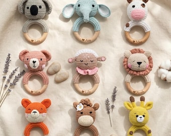 Custom Crochet Animal Rattle, Handmade Baby Sensory Toy, Personalized Wooden Teether, Baby Shower Gift, Newborn Toy Set, Organic Cotton Gift
