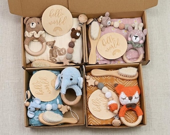 Personalized Newborn Gift Box, Crochet Rattle, Wool Baby Brush, Milestone Cards