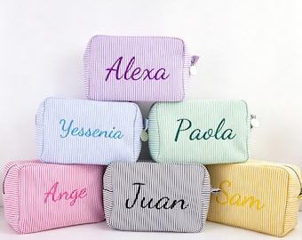 Personalized Seersucker Makeup & Toiletry Bag - Monogram Cosmetic Pouch, Bridesmaid Gift, Travel Organizer