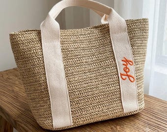 Custom Embroidered Straw Tote Bag, Personalized Beach Wedding Gift, Bridesmaid Bachelorette Bag