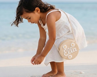 Personalized Woven Bag for Girls | Custom Toddler Straw Purse with Name | Kids Summer Beach Bag | Flower Girl Boho Gift