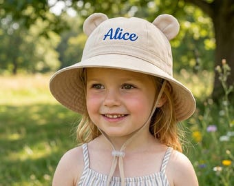 Personalized Bear Ear Sun Hat – Custom Name Toddler Bucket Hat, UV Protection