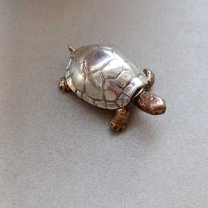 May include: A small turtle figurine featuring a polished silver-toned shell with a segmented pattern and a textured bronze-toned head and legs. The turtle is depicted in a walking position with its head extended forward and four visible feet.
