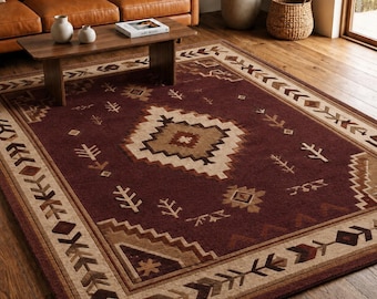 Southwestern Area Rug, Rustic Tribal Rug, Burgundy Geometric Rug, Western Style Carpet, Boho Living Room Rug, Farmhouse Decor Rug